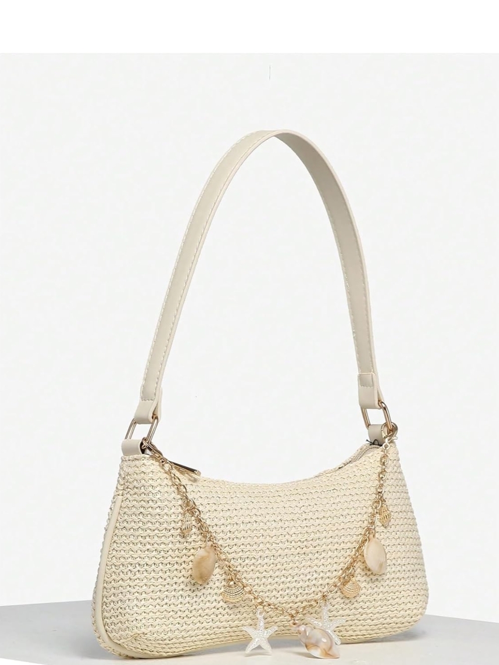 Cream Boho Seashell Beaded Straw Shoulder Bag